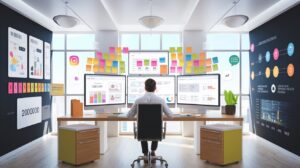 A person sits at a desk with multiple monitors displaying charts and data in a modern office, surrounded by colorful sticky notes, graphs, and infographics on the walls, suggesting a data-driven workspace.