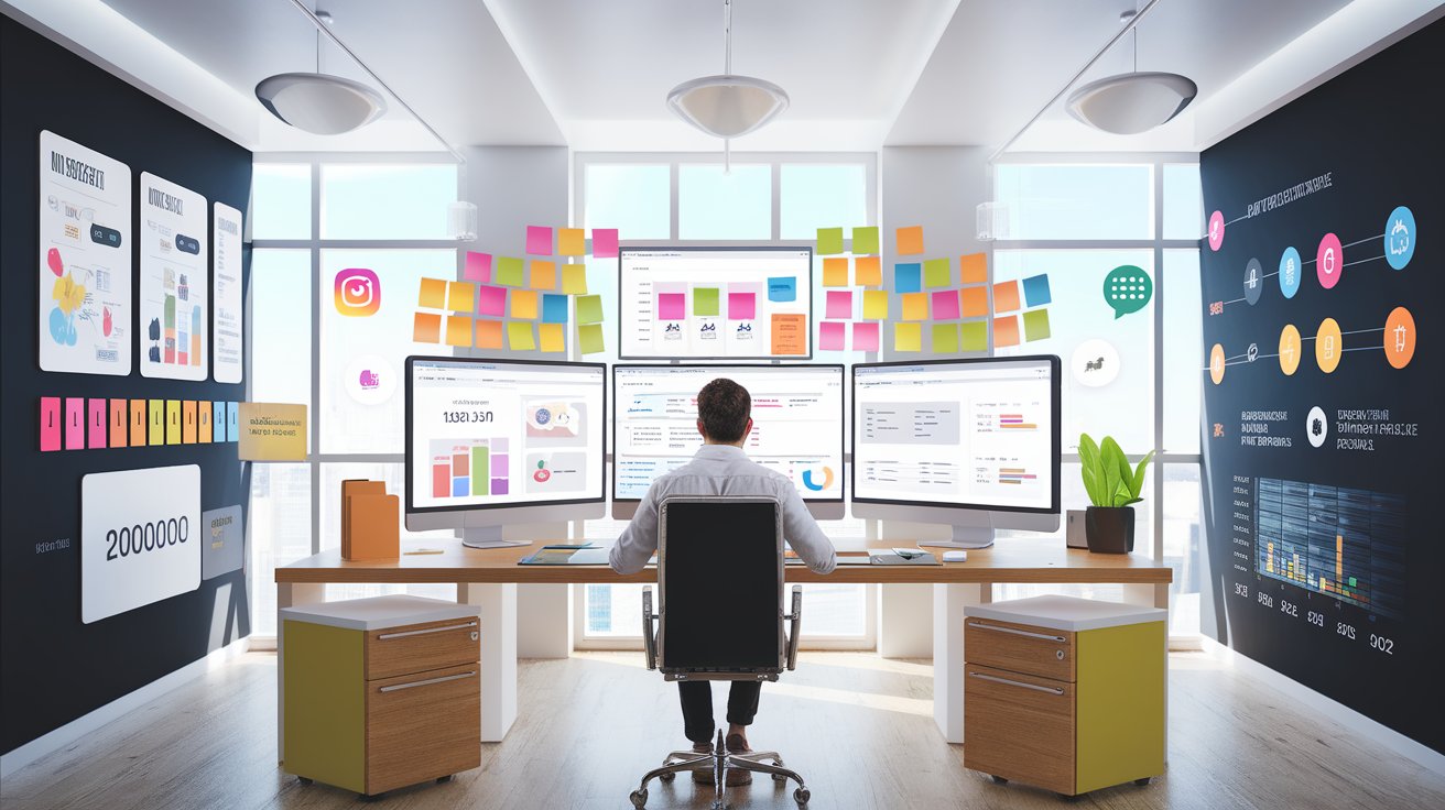 A person sits at a desk with multiple monitors displaying charts and data in a modern office, surrounded by colorful sticky notes, graphs, and infographics on the walls, suggesting a data-driven workspace.