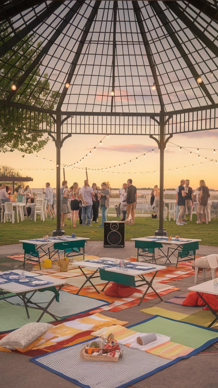 People gather under a gazebo decorated with string lights at sunset. Colorful blankets and picnic setups with low tables and cushions are arranged on the ground, creating a cozy outdoor event atmosphere.