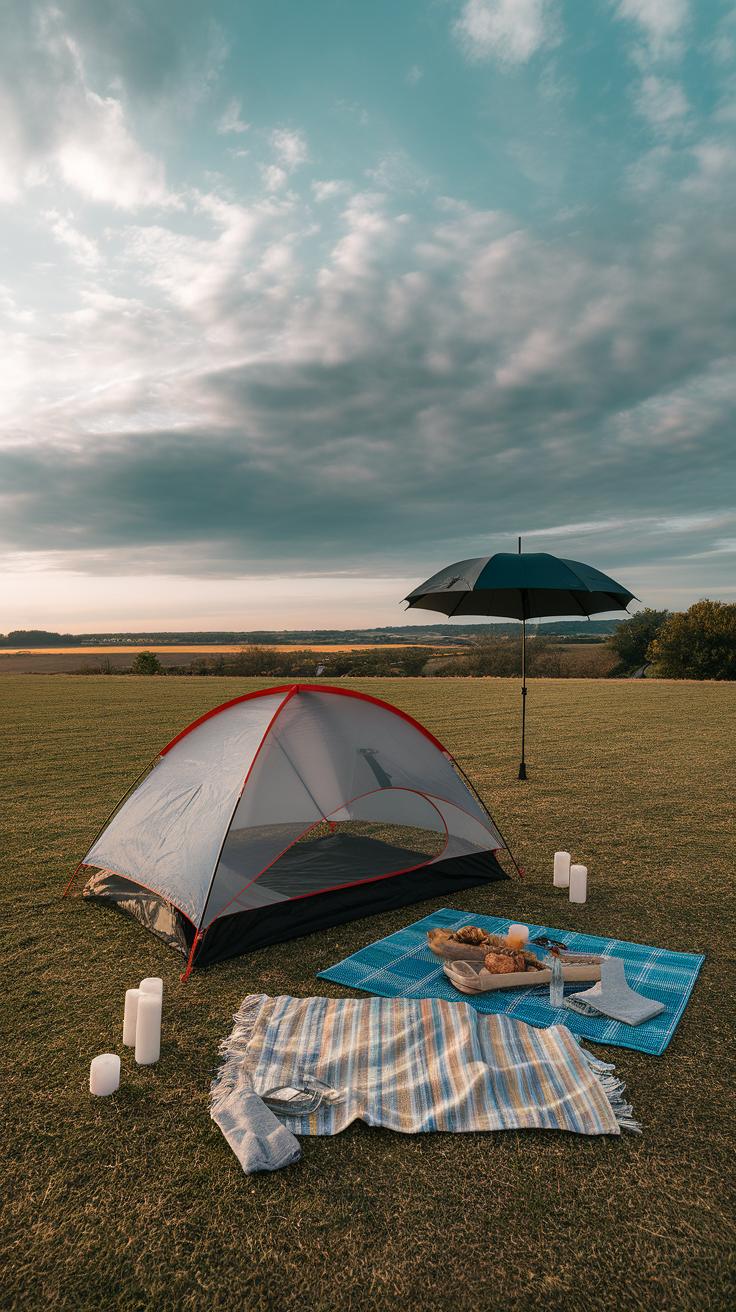 A camping scene on a grassy field with a tent, picnic blankets, bread and fruit in a basket, candles, and a black umbrella under a cloudy sky at sunset.