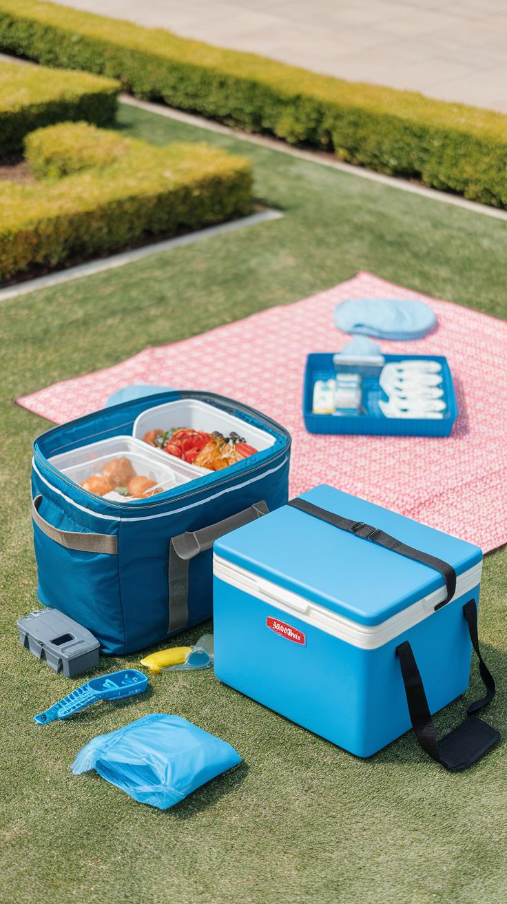 A picnic setup on grass with two coolers, one blue and one gray, containing food. A pink patterned blanket holds plates, cups, and utensils. Nearby are containers of food and reusable ice packs. Hedges border the scene.