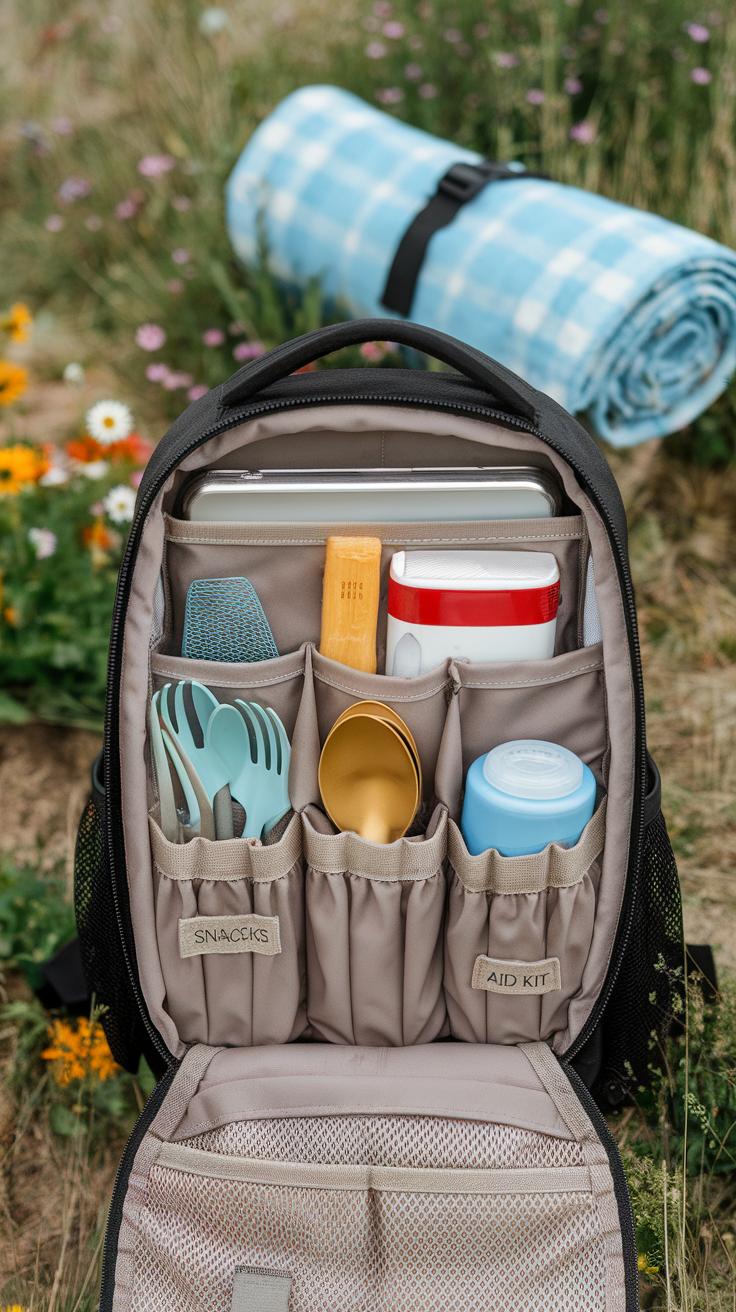 An open backpack neatly organized with utensils, a snack container, a first aid kit, and a bottle, sitting on grass next to wildflowers, with a rolled-up blue checkered blanket in the background.
