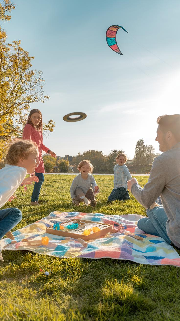 A family enjoys a sunny day at the park, sitting on a blanket with snacks, while kids play with a flying disc and a kite soars in the clear blue sky.