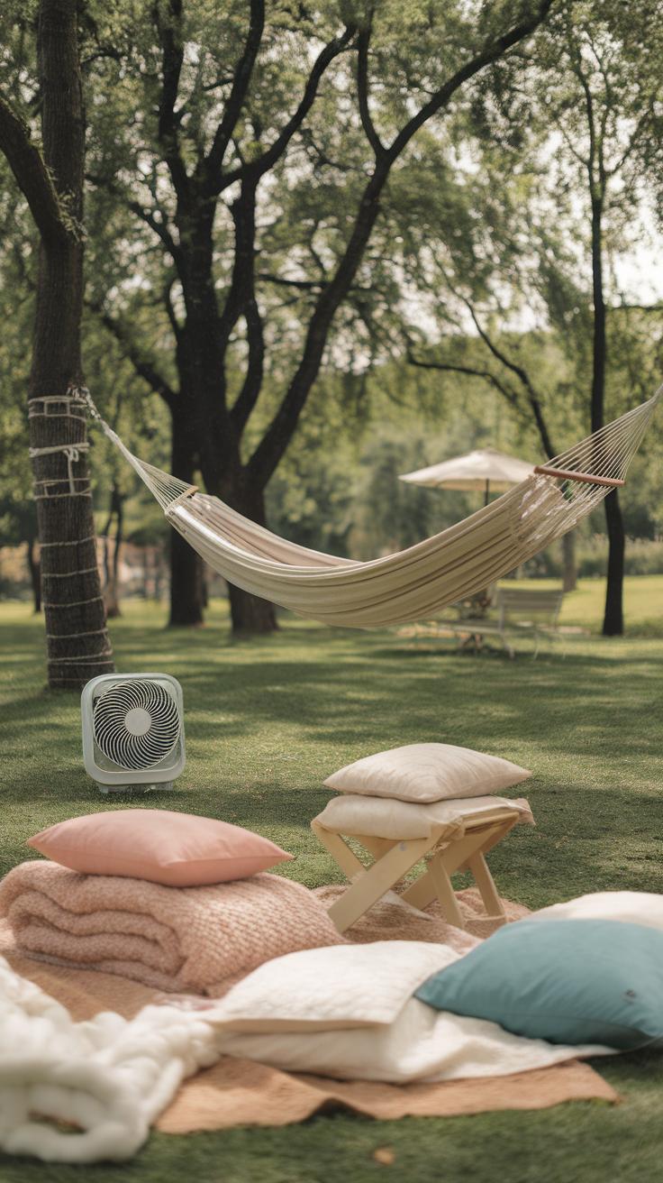 A cozy outdoor setup with a hammock tied between two trees, pillows and blankets arranged on the grass, a small fan, and sunlight filtering through leafy trees in a peaceful park setting.