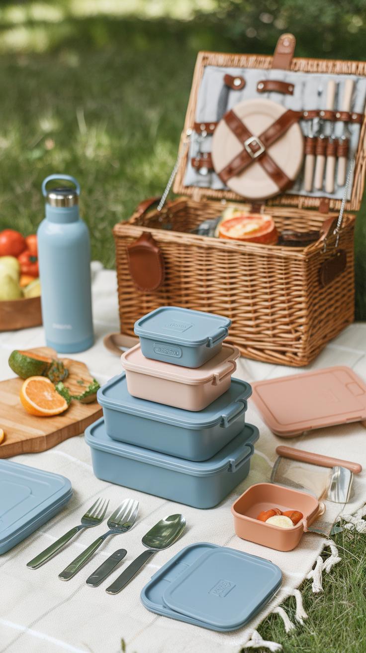 A picnic setup on a blanket with stacked blue and pink food containers, cutlery, a water bottle, sliced fruit, and a wicker picnic basket with plates and utensils. The scene is outdoors on grass.