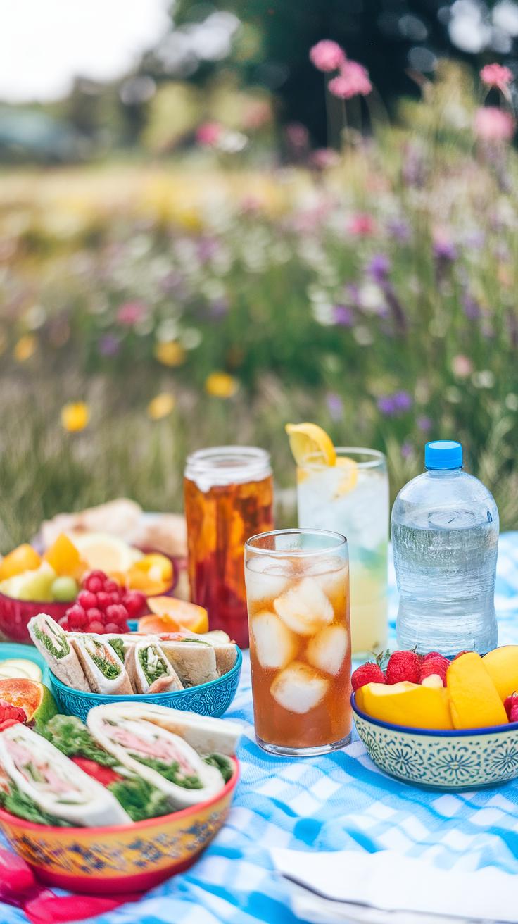A picnic spread on a blue checked cloth features wraps, fresh fruit, iced tea, lemonade, and bottled water with a blurred background of wildflowers and greenery.