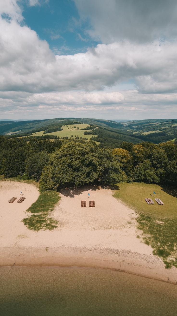 A sandy beach with several wooden picnic tables and grassy areas is bordered by calm water in the foreground and lush green hills and trees under a partly cloudy sky in the background.