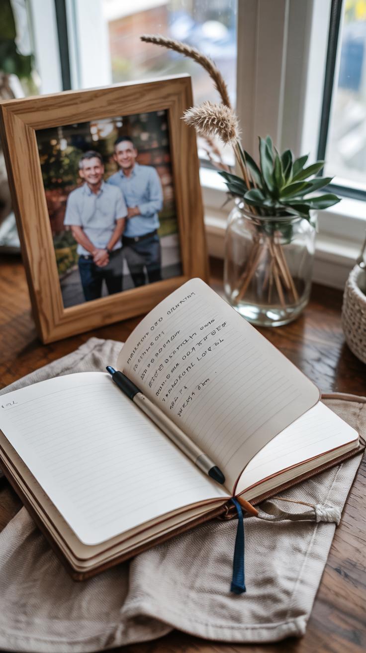 An open journal with handwritten notes and a pen rests on a cloth by a window. Behind it sits a framed photo of two smiling people and a vase with a succulent and dried grasses.