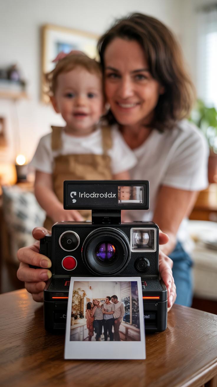A woman holding a toddler smiles behind a vintage instant camera, which is printing a photo showing a group of people posing together. The setting appears to be a cozy home living room.