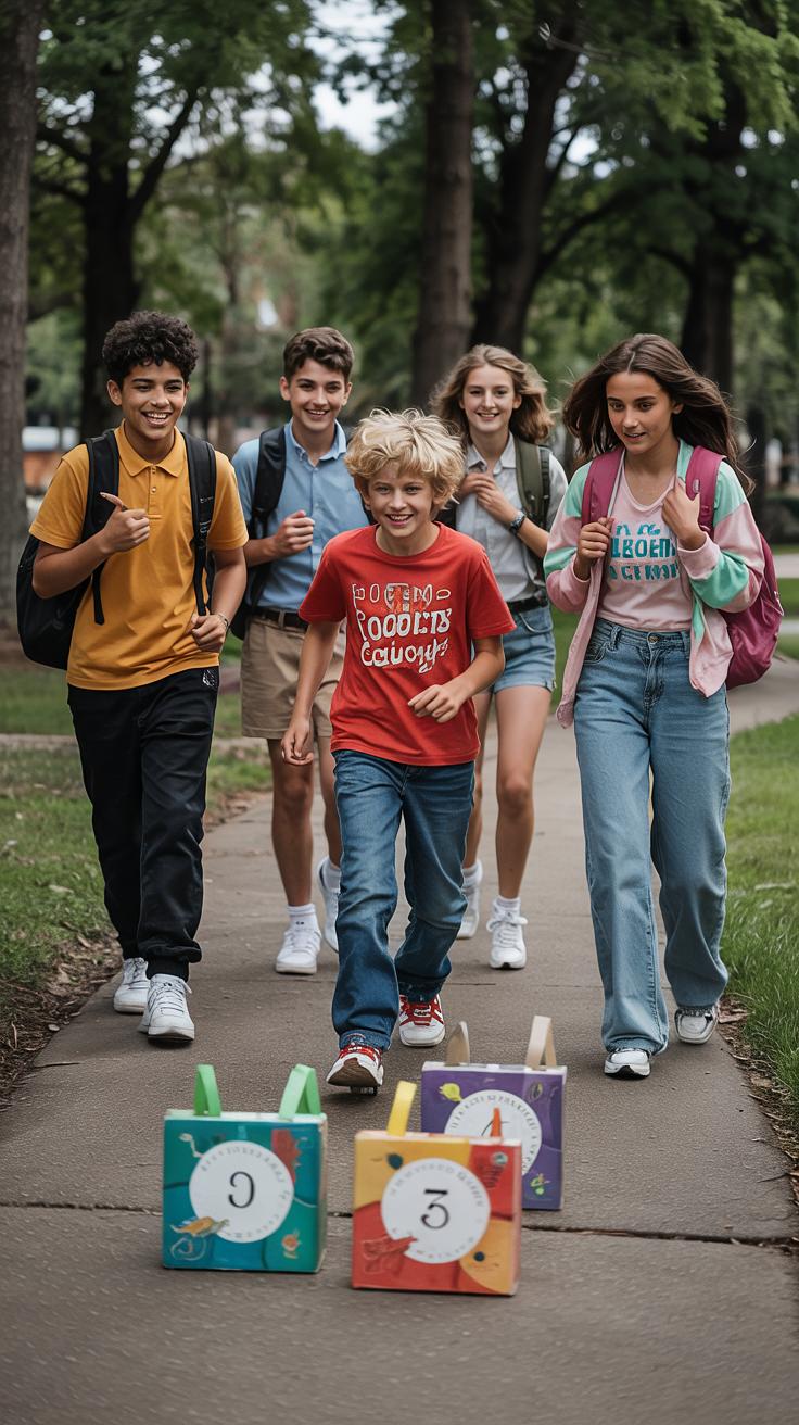Five smiling kids with backpacks walk and run on a park path, heading toward colorful boxes labeled with numbers. It’s a bright day with green trees and grass in the background.