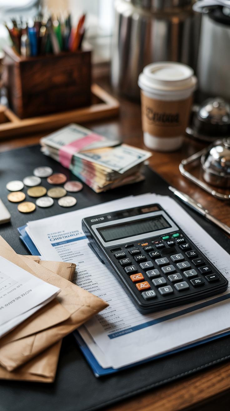 A desk with a calculator, documents, envelopes, coins, banknotes, a pen, a cup of coffee, and a container of pens and pencils, suggesting financial work or budgeting in progress.