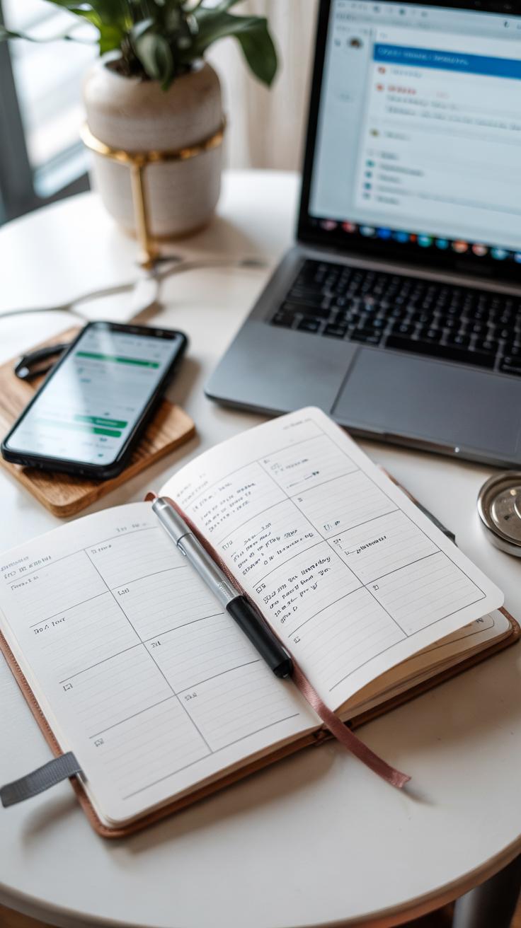 An open planner with a pen rests on a white table next to a smartphone, a laptop, a plant in a pot, and a drink coaster. The planner displays a weekly schedule with handwritten notes.