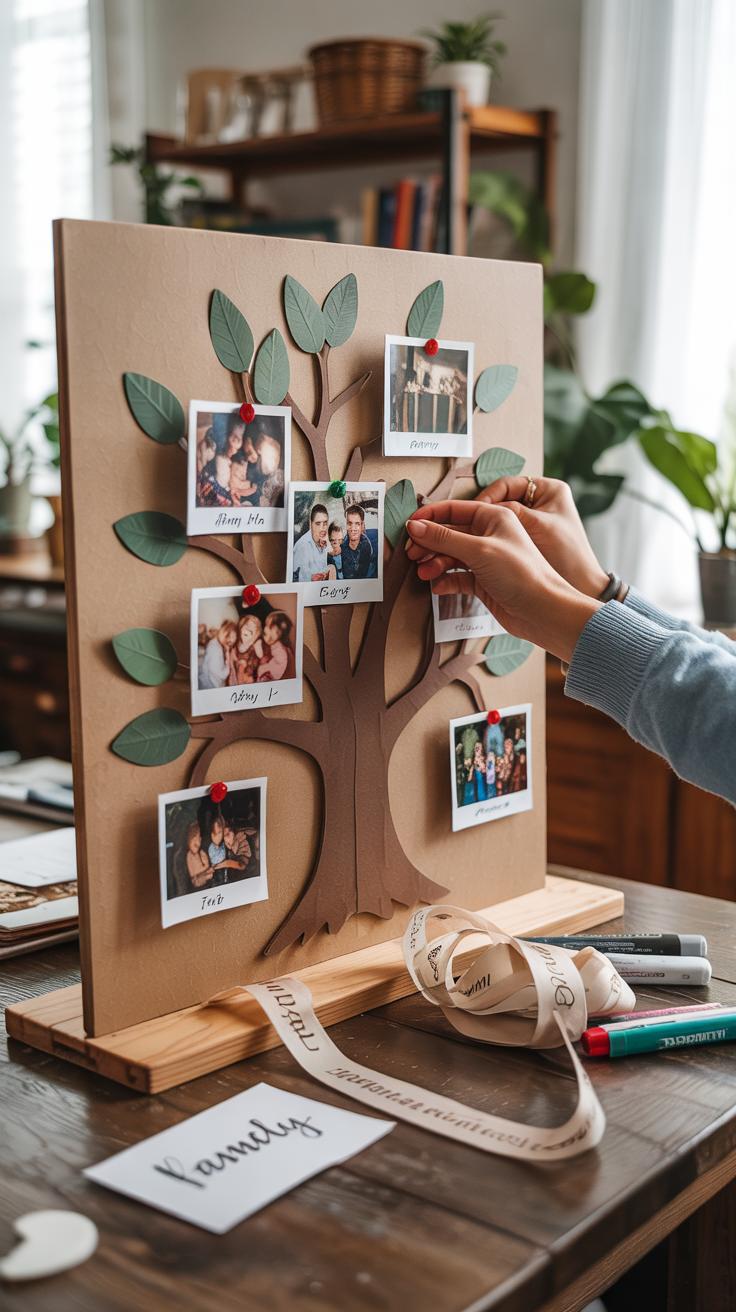 A person attaches a photo to a handmade family tree display on a table, featuring labeled Polaroid pictures and paper leaves. Art supplies and a “Family” label are scattered around in a cozy, sunlit room.