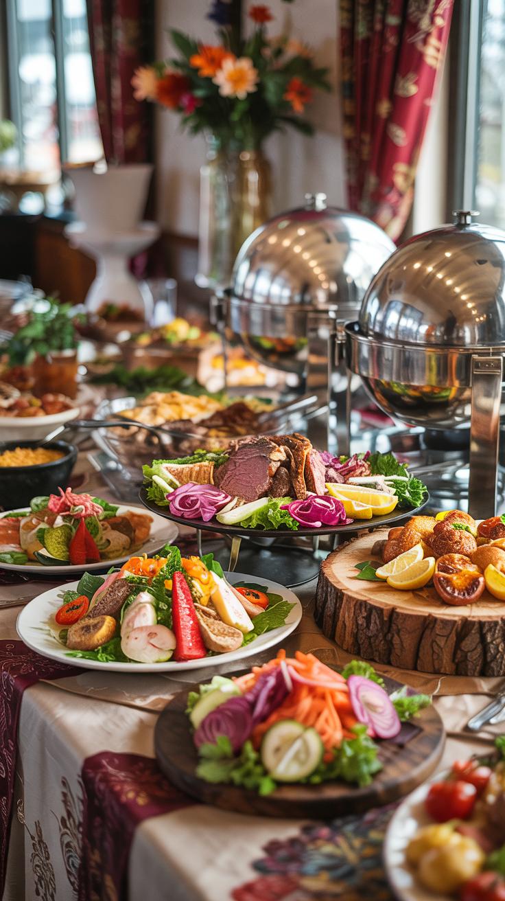 A lavish buffet table with assorted dishes, including sliced roast beef, seafood, fresh salads, vegetables, and garnished platters, set in an elegant dining area with flowers and chafing dishes in the background.