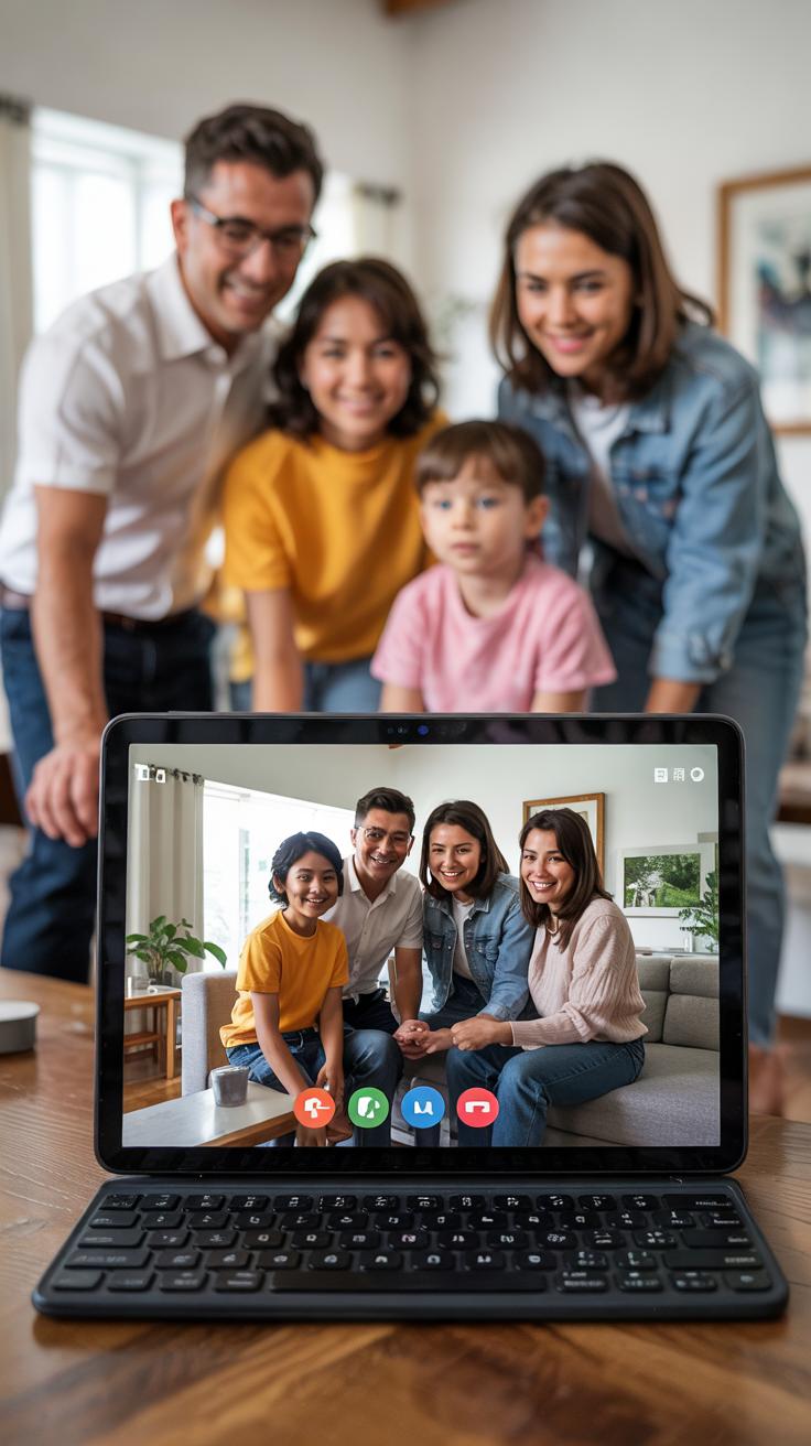 A family of four smiles behind a tablet on a table, which displays a video call with another family of four. Both families appear happy and connected through the video chat.