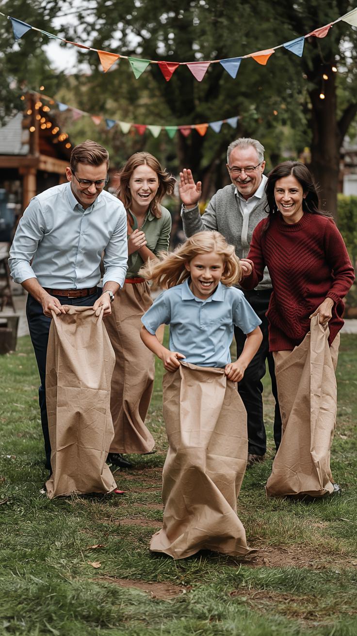 A young girl leads a sack race outdoors, smiling as four adults and one other child follow behind her. Colorful bunting hangs in the background, suggesting a festive gathering or family event.