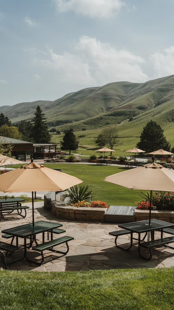 Picnic tables with large beige umbrellas sit on a patio overlooking a lush green lawn, colorful flowerbeds, and rolling hills under a partly cloudy sky.