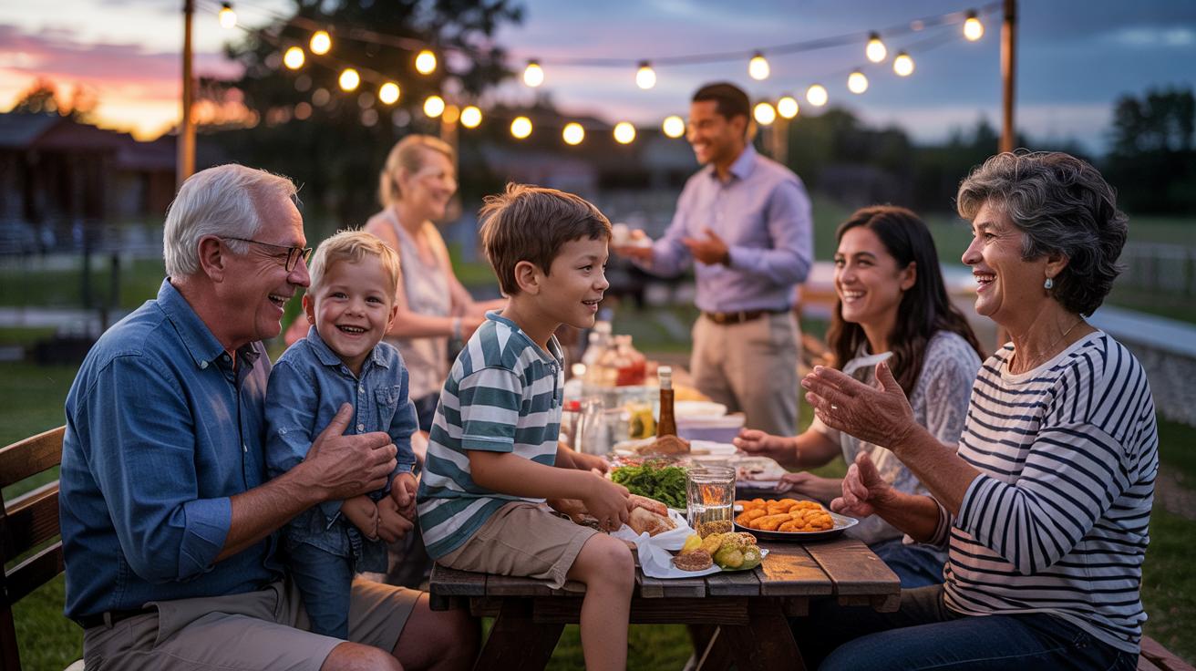 A multigenerational family enjoys an outdoor dinner at sunset. Grandparents, parents, and children smile, laugh, and share food at a picnic table under string lights, with a scenic background.