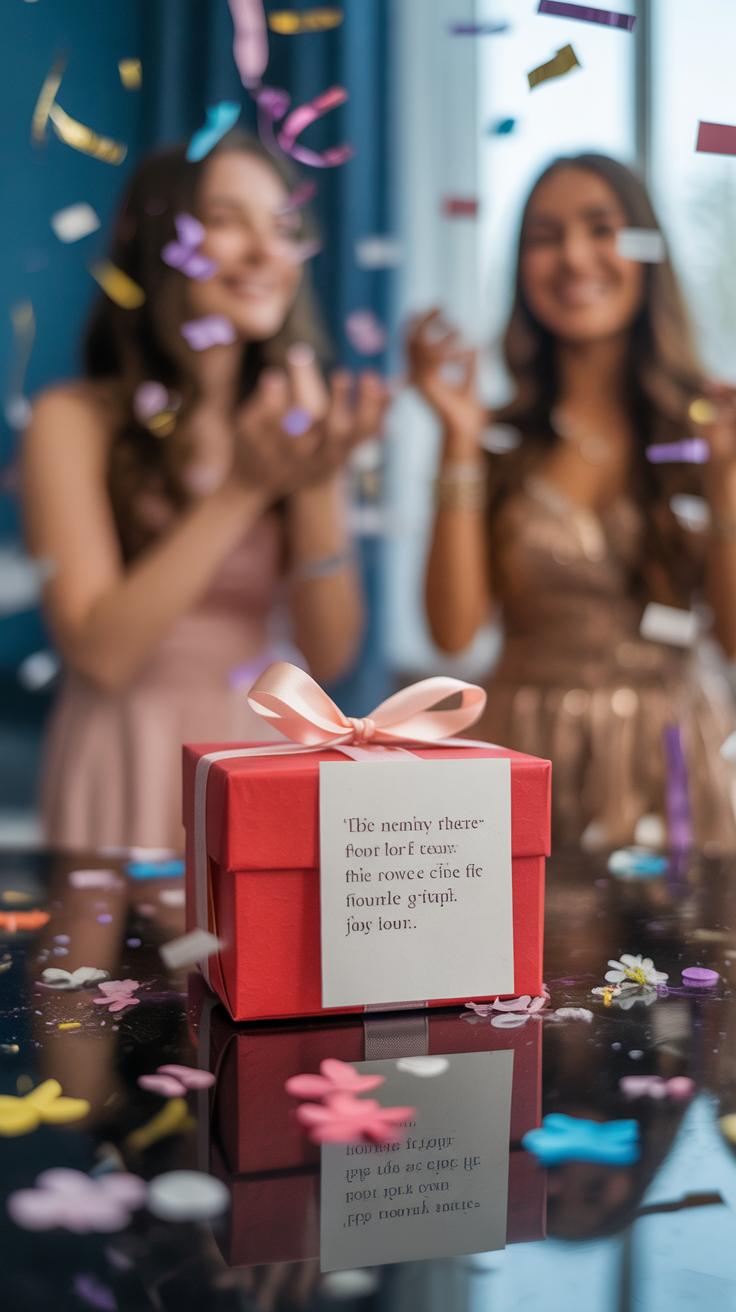 A red gift box with a white ribbon and a note sits on a table covered in confetti, while two people in dresses stand in the blurred background, celebrating amid falling confetti.