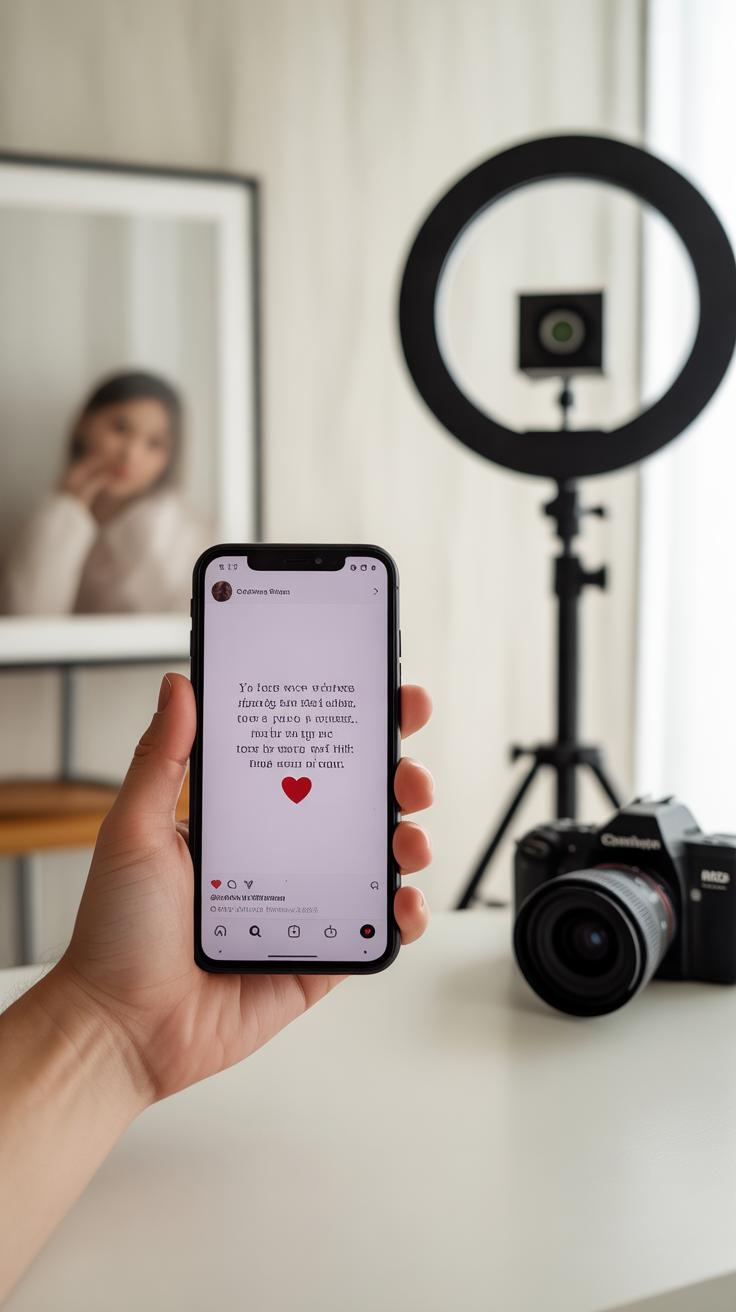 A hand holds a smartphone displaying a social media post with text and a red heart. In the background, there is a framed photo of a woman, a ring light, and a camera on a table.