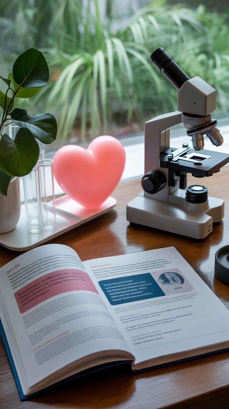A microscope, an open science textbook, a glowing pink heart-shaped light, and a potted plant are arranged on a wooden desk by a window with green plants visible outside.