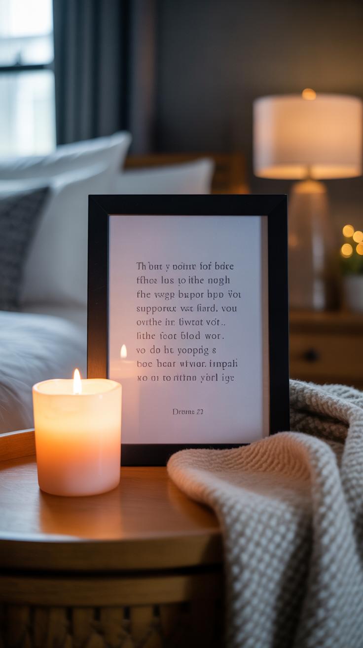 A lit candle and a framed print with blurred text sit on a round wooden side table beside a cozy knit blanket, with a softly glowing lamp and bed in the background, creating a warm and inviting bedroom scene.