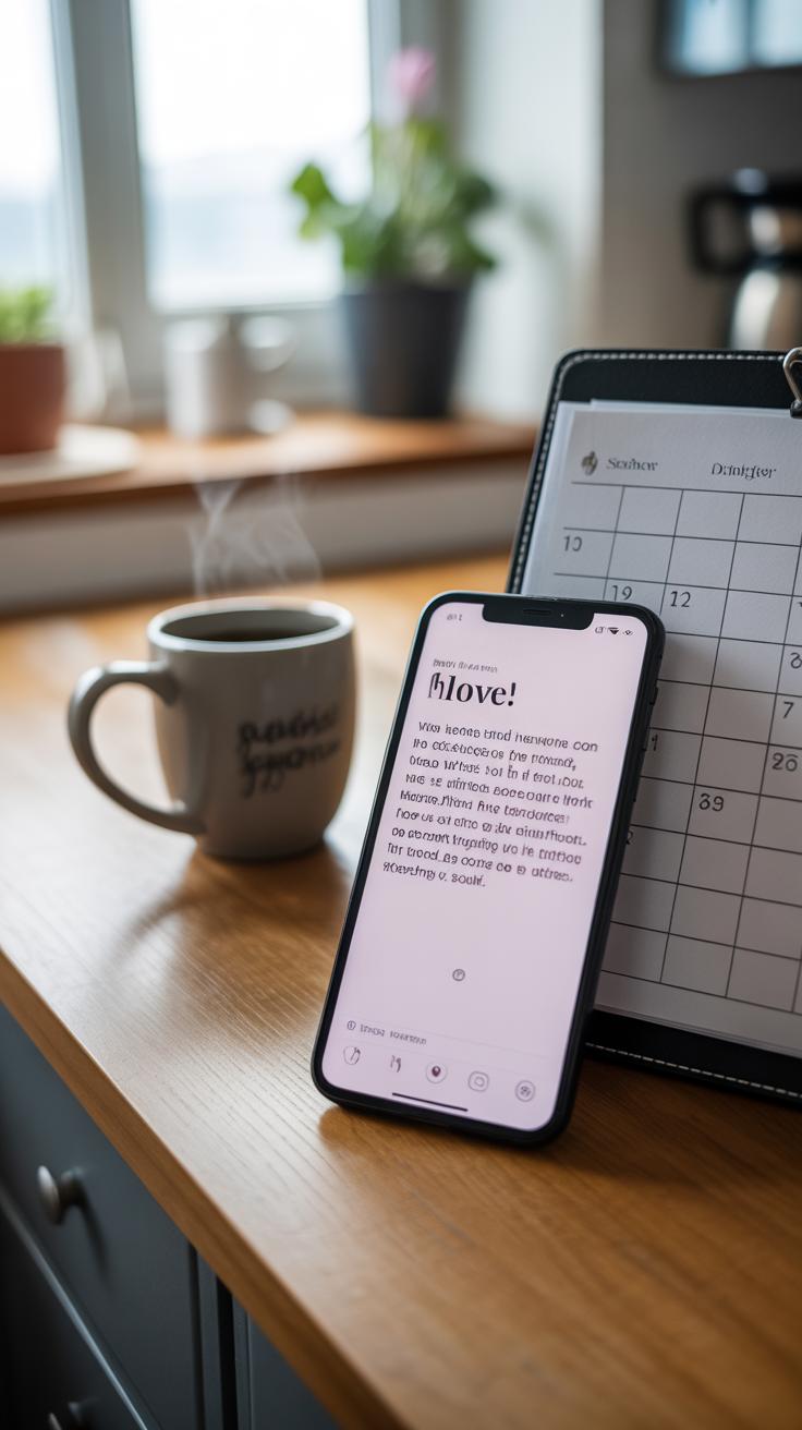 A smartphone displaying text rests against a calendar on a wooden countertop, next to a steaming mug. In the background, blurred potted plants sit on the windowsill, letting in natural light.