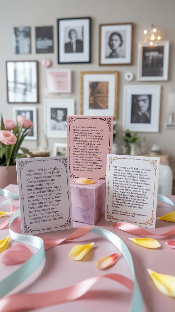A close-up of three decorative cards with floral borders, displayed on a pink table with pastel ribbon and scattered flower petals. Behind, a wall is covered with framed black-and-white portraits and art. Pink tulips are also visible.