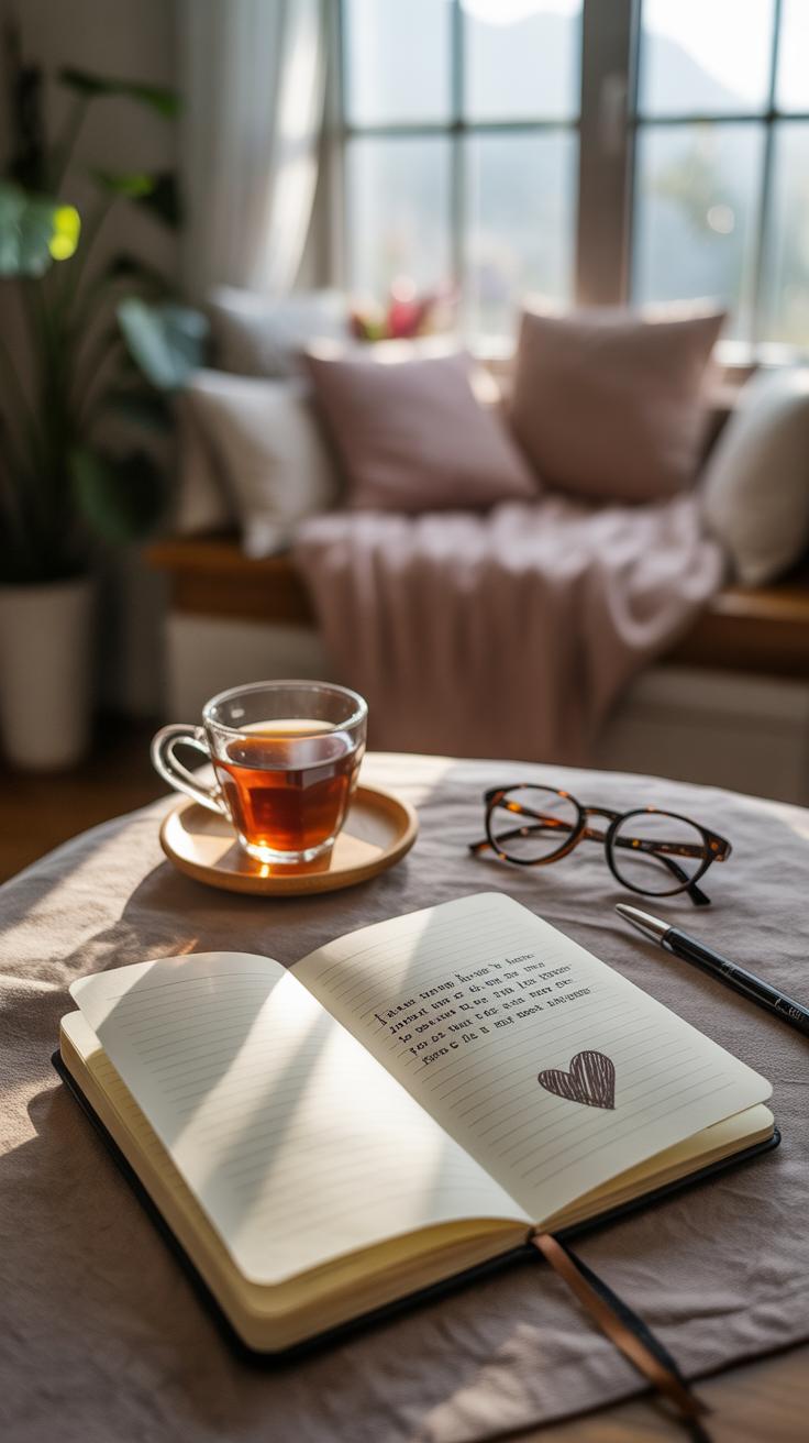 An open journal with writing and a heart doodle sits on a table beside a pen, eyeglasses, and a cup of tea. In the background, a cozy window seat with cushions is bathed in soft, natural light.