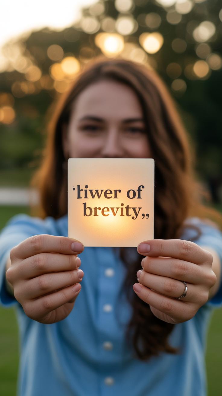 A woman outdoors holds a translucent card in front of her face that reads, “liwer of brevity,” with sunlight shining through the card.
