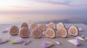 A group of round wooden tokens with engraved messages sits on a fabric surface, surrounded by pink flower petals, with a soft, serene seascape in the background at sunset.
