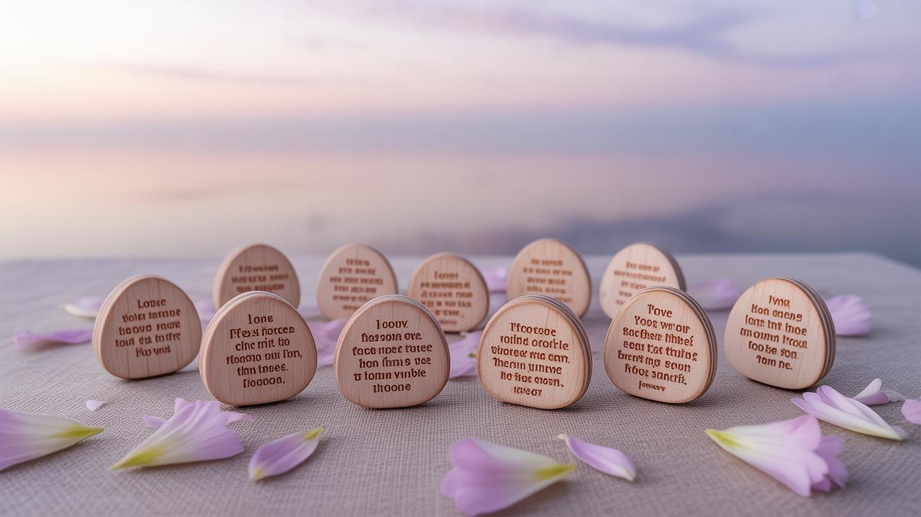 A group of round wooden tokens with engraved messages sits on a fabric surface, surrounded by pink flower petals, with a soft, serene seascape in the background at sunset.