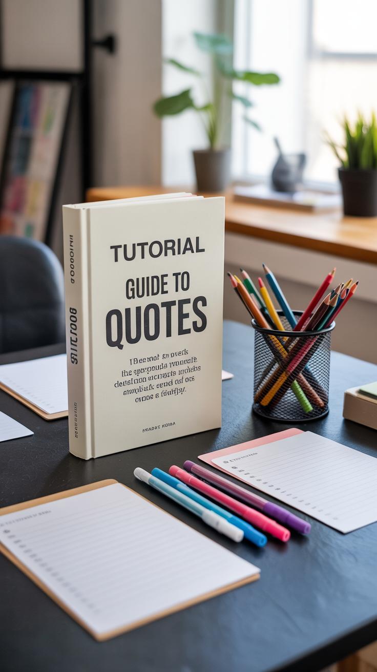 A book titled Tutorial Guide to Quotes stands upright on a desk beside colorful pens, a metal pencil holder with pencils, and notepads. A bright window and potted plant are in the background.