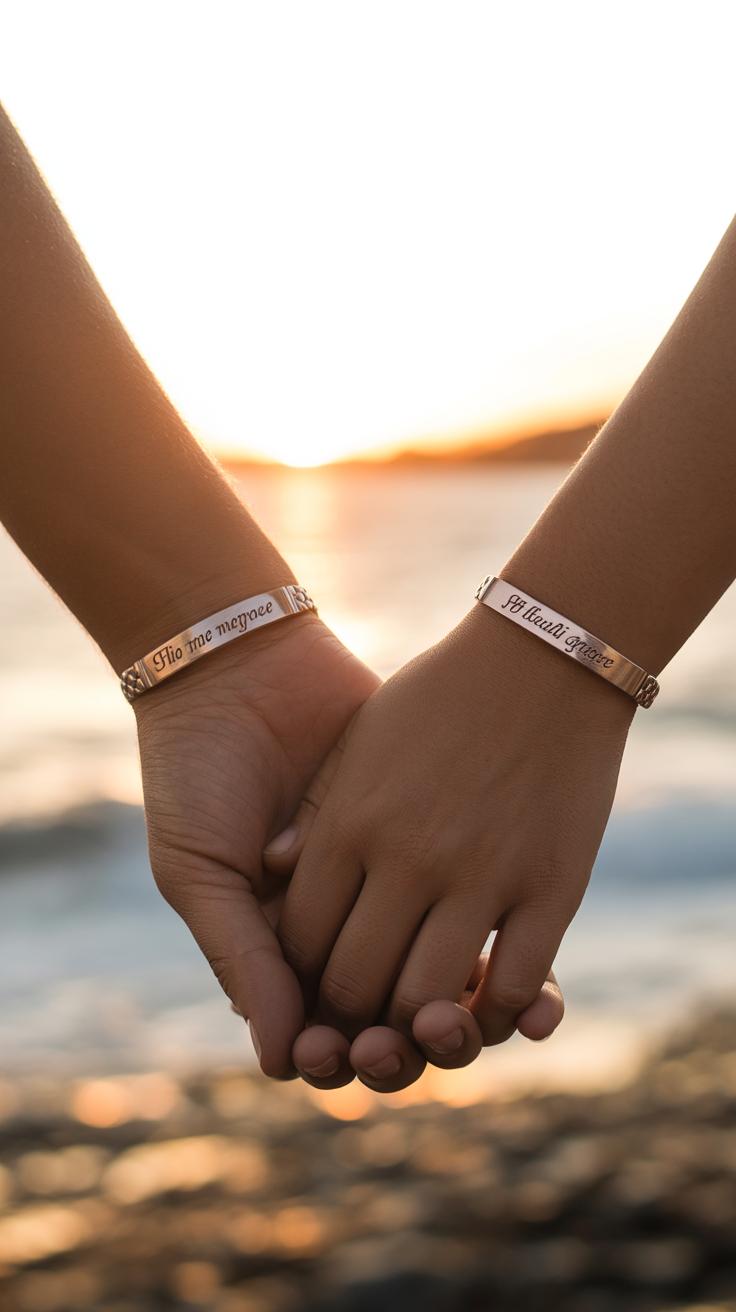 Two people holding hands at sunset by the water, both wearing matching metal bracelets with engraved text. The warm sunlight highlights their joined hands and bracelets.