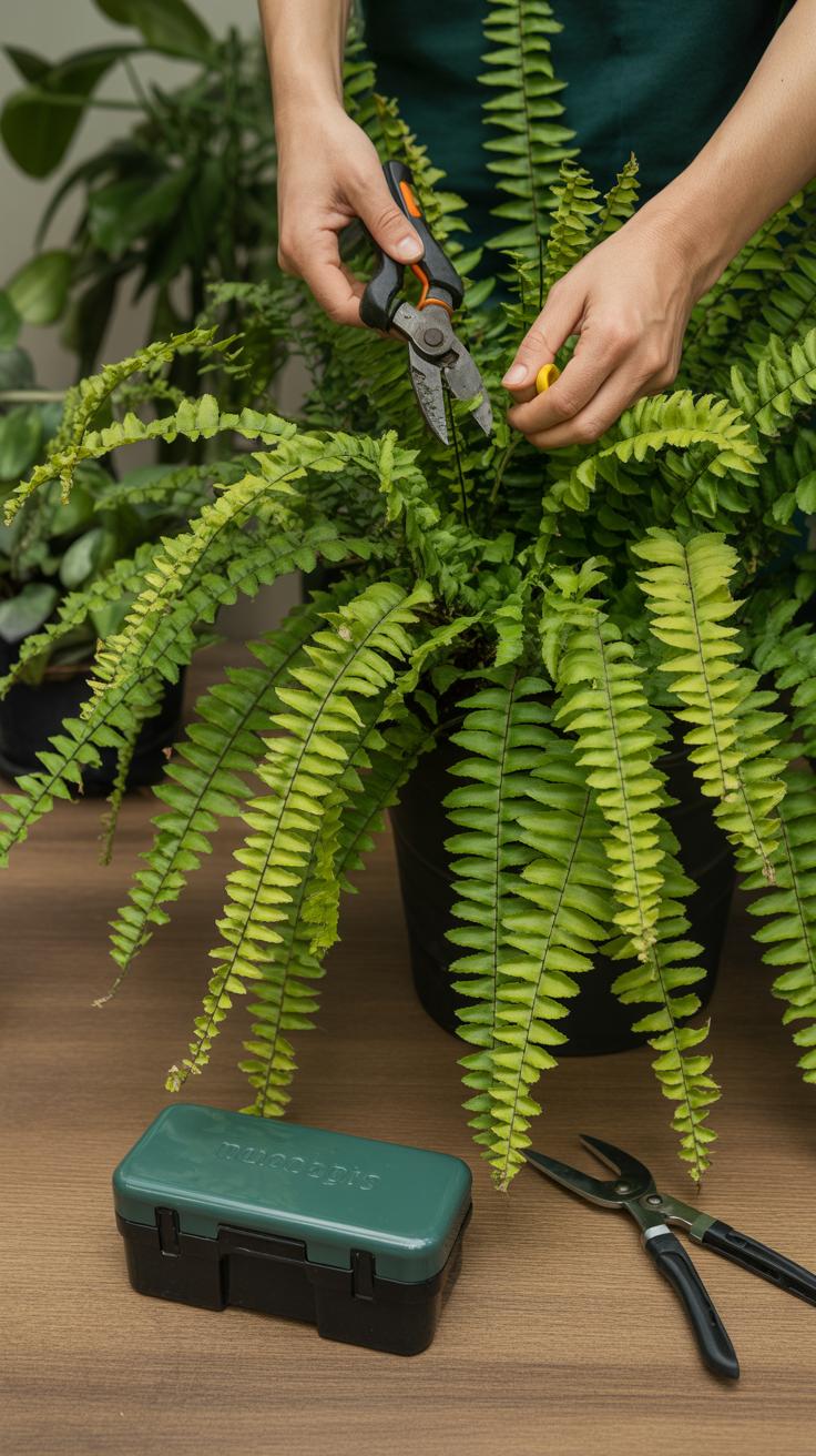 A person trims a potted fern plant with pruning shears on a wooden table. A green toolbox and a pair of pliers are placed next to the plant.