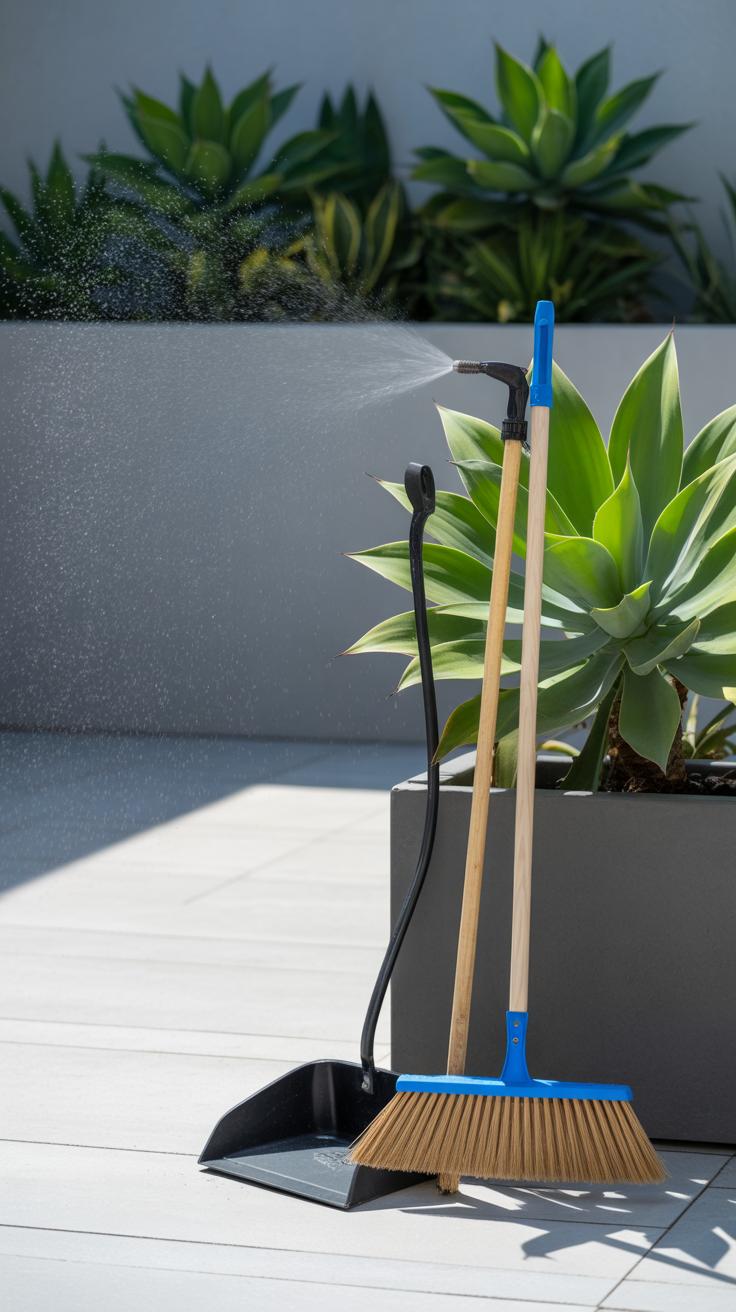 A broom, dustpan, and spray nozzle stand upright on a light-colored patio beside a large planter with green succulent plants. Sunlight casts soft shadows on the ground.