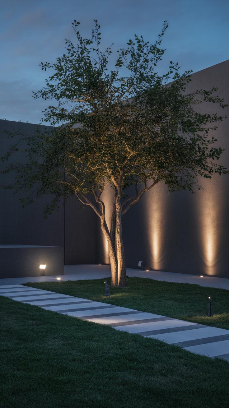 A single tree stands in a minimalist modern courtyard, illuminated by warm ground lights at dusk. The yard features a geometric stone pathway and neatly trimmed grass, bordered by smooth, dark walls.