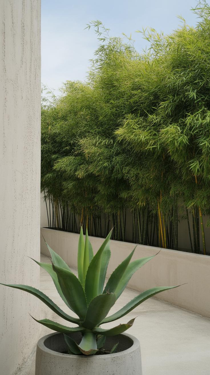 A large green agave plant in a gray pot sits on a smooth patio next to a beige wall, with tall bamboo plants growing in a row along the background.