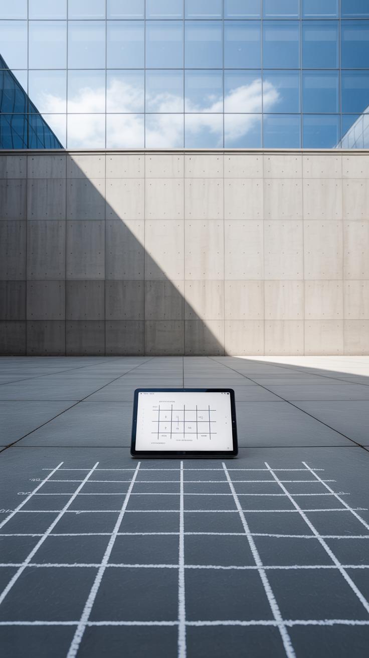 A tablet displaying a grid sits upright on a grid-patterned ground in a modern, open courtyard with concrete walls and a tall glass building reflecting the sky.