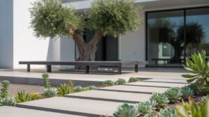 A modern outdoor space with large concrete pavers forming a pathway through succulent plants, leading to a sleek bench and an olive tree in front of a contemporary building with large glass doors.