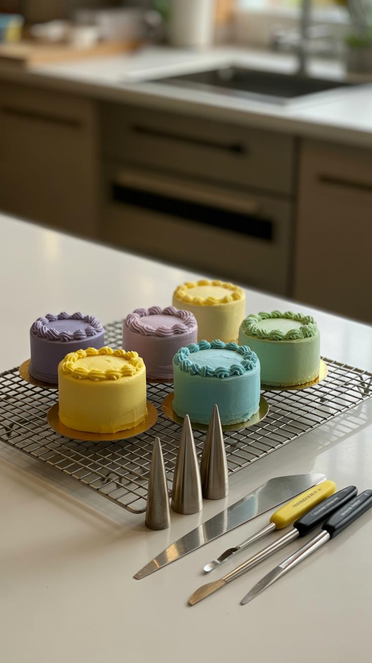 Six small pastel-colored cakes with piped frosting sit on a cooling rack. Decorating tools, including piping tips and icing spatulas, are arranged in the foreground on a white countertop in a kitchen setting.