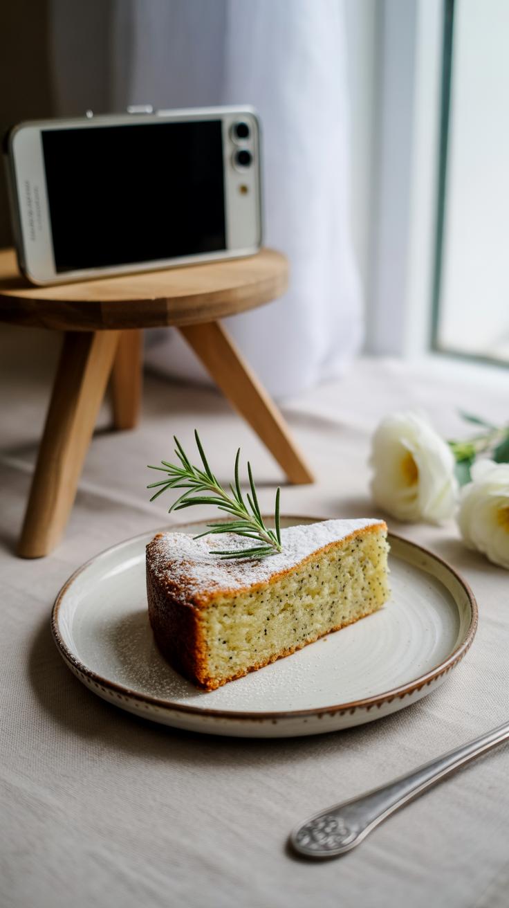 A slice of poppy seed cake garnished with rosemary sits on a plate beside a fork, with white flowers and a smartphone on a wooden tripod in the background near a bright window.