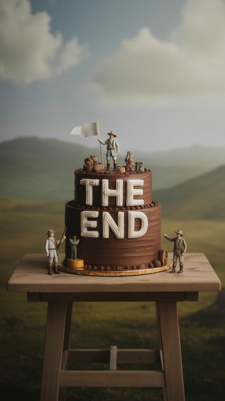 A two-tier chocolate cake with THE END written on it is decorated with miniature explorer figures and a white flag, set on a wooden table with a scenic, hilly landscape in the background.
