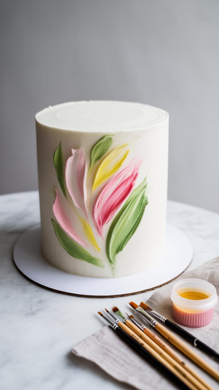 A white frosted cake decorated with hand-painted floral designs in pink, yellow, and green sits on a marble surface beside paintbrushes and a small dish of food coloring.