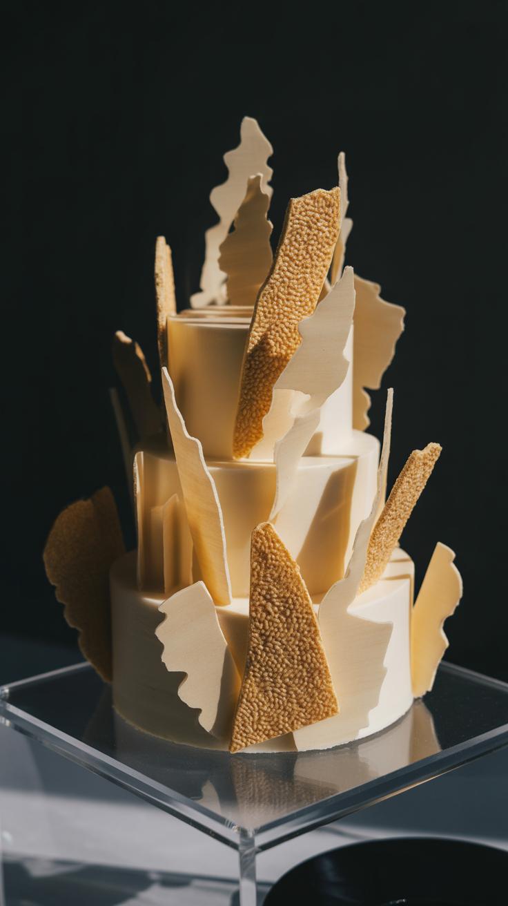 A three-tiered cake decorated with large, jagged shards of white chocolate and golden textured pieces, displayed on a clear stand against a dark background.