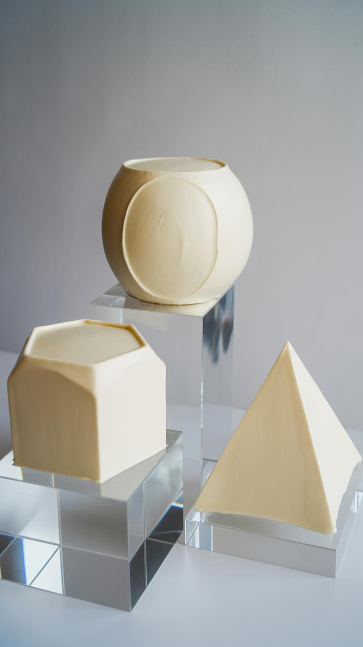 Three cream-colored geometric sculptures—a sphere, a cube, and a pyramid—are displayed on transparent acrylic blocks against a light gray background.
