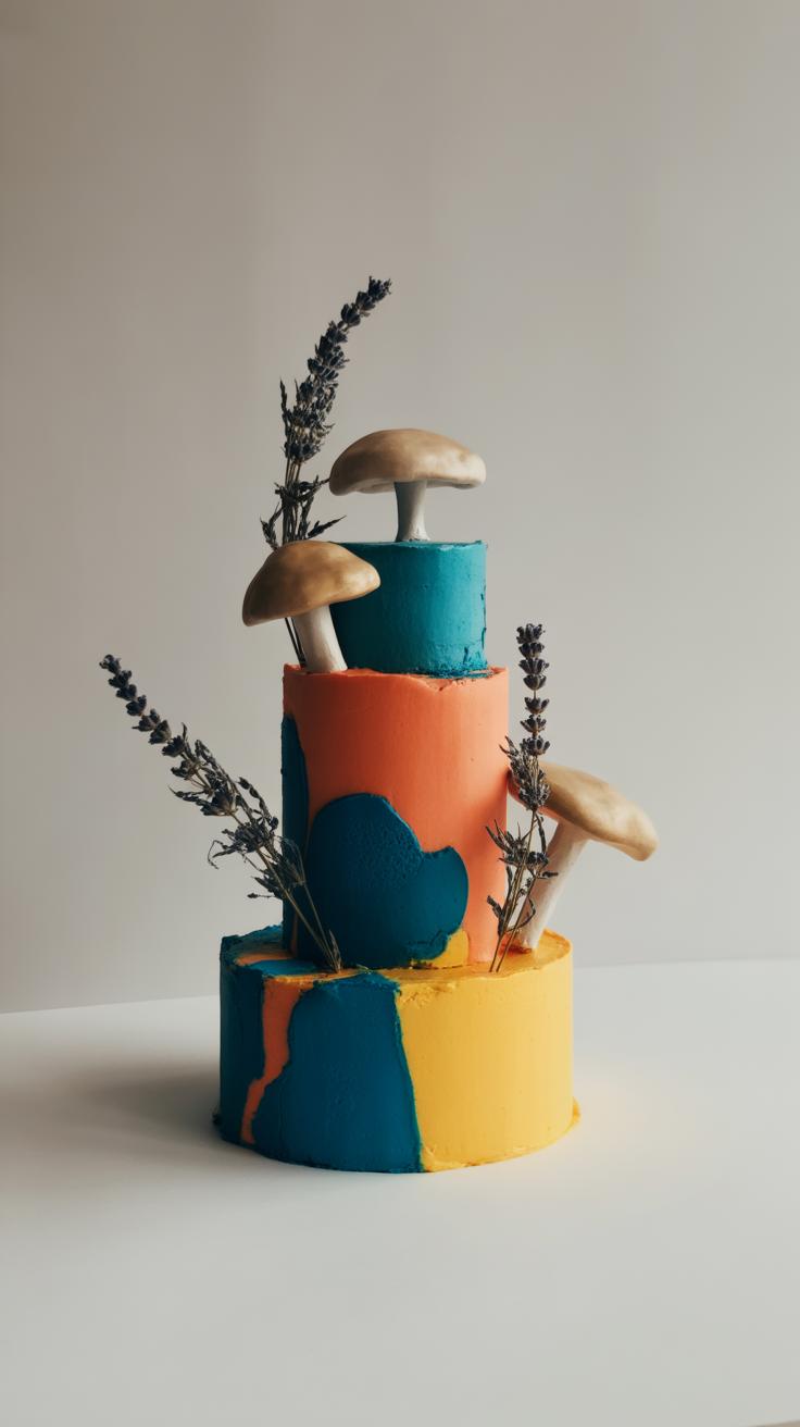 A three-tiered cake with vibrant yellow, orange, and blue frosting, decorated with sprigs of lavender and realistic edible mushrooms, against a plain light background.