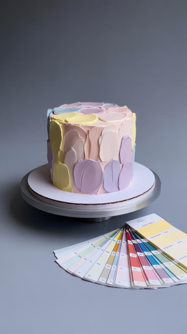 A round cake decorated with pastel-colored, painterly frosting swatches sits on a white cake stand. In front of the cake is a fanned-out set of pastel paint color sample cards.