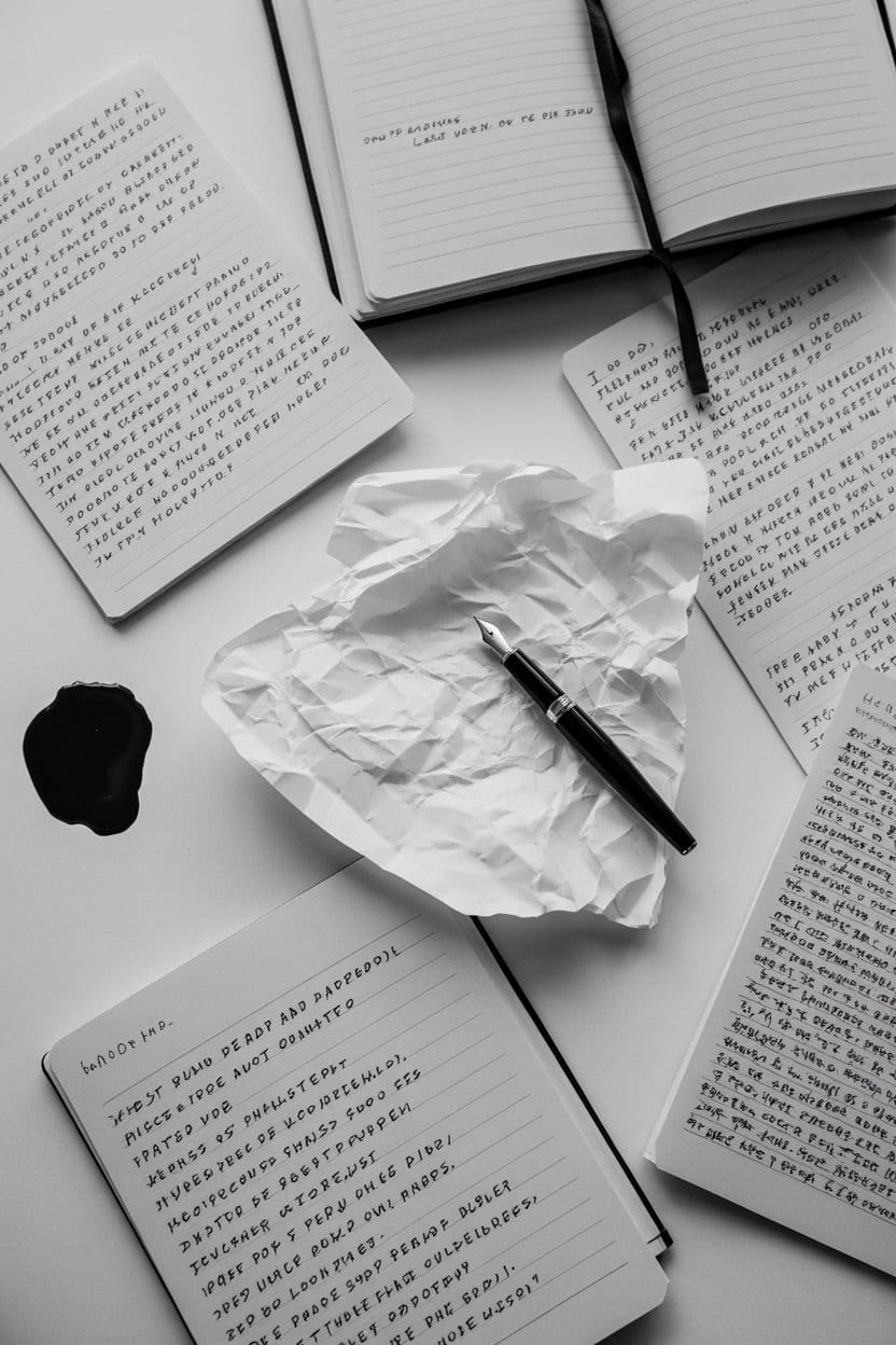 Handwritten journal pages and fountain pen, black and white, ideas and creativity