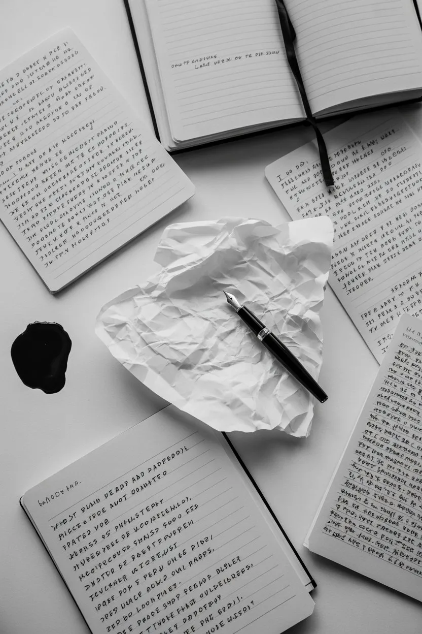 Handwritten journal pages and fountain pen, black and white, ideas and creativity